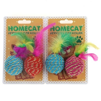 HOMECAT 2 шт Ф 4 см игрушка для кошек мячи веревочные с пером гремящие