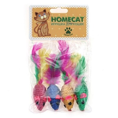 HOMECAT 4 шт 5 см игрушка для кошек мышки веревочные с пером гремящие
