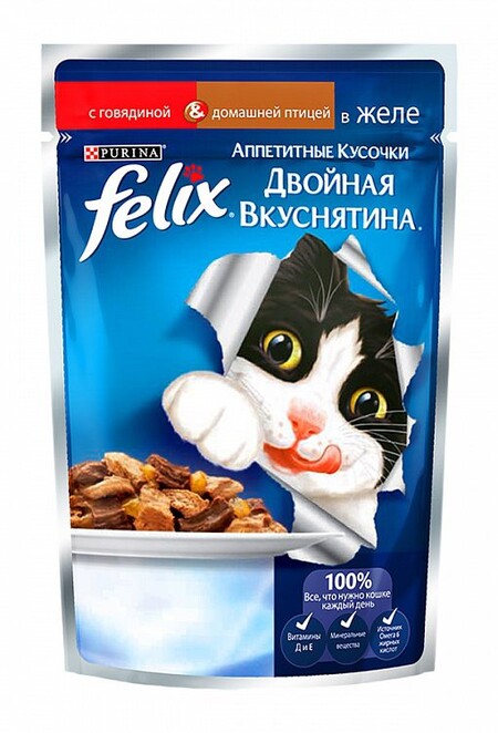 Felix 85 г пауч консервы для кошек аппетитные кусочки в желе двойная вкуснятина с говядиной и домашней птицей 1х24