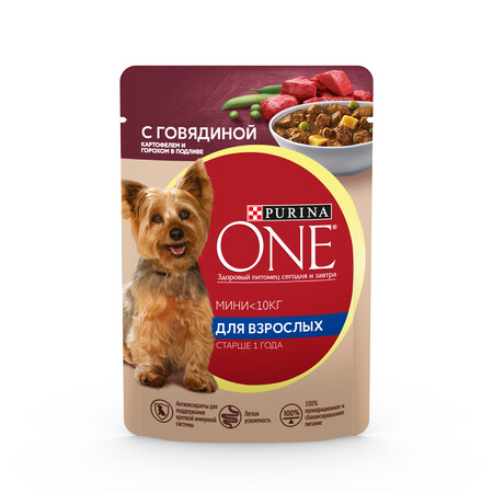 PURINA ONE® Adult 85 г влажный корм для взрослых собак мелких и карликовых пород с говядиной, картофелем и горохом