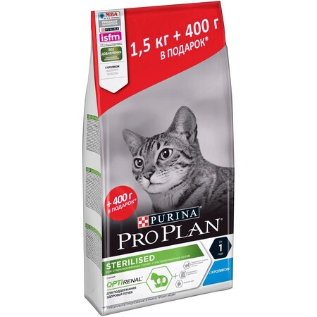 PRO PLAN "Sterilised" с комплексом OPTIRENAL сухой 1,5 кг + 400 г для кастрированных котов и стерилизованных кошек Кролик