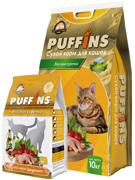 PUFFINS 400 г Корм сухой для взрослых кошек с вкусной курочкой