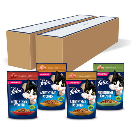 FELIX® 75 г аппетитные кусочки влажный корм для взрослых кошек с курицей, с говядиной, с индейкой, с кроликом