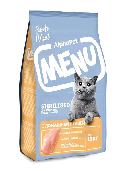 ALPHAPET MENU 10 кг сухой корм для взрослых стерилизованных кошек и котов с домашней птицей