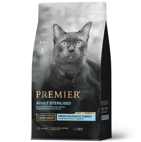 Premier Cat Salmon&Turkey STERILISED 2 кг сухой корм для кошек свежее филе лосося с индейкой